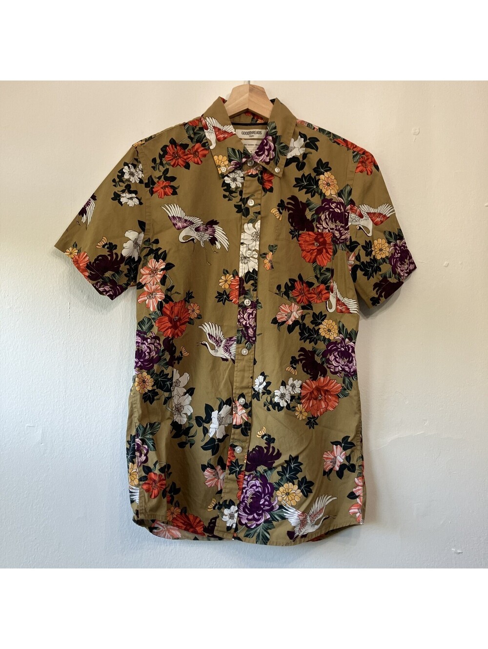 Button Up Poplin Hawaiian Shirt Floral Birds Small Old School Rockabilly Dadcore